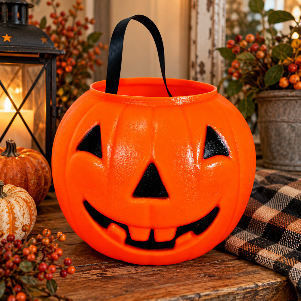 Vintage Halloween Jack O Lantern Pumpkin Candy Pail Bucket Orange Black